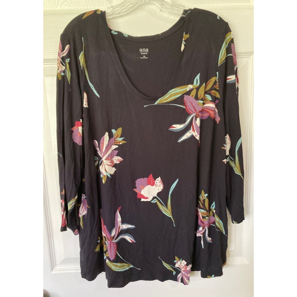 ANA  Black Floral Women's Top Size 1X Plus Pre-Owned 3/4 Sleeve Stretchy